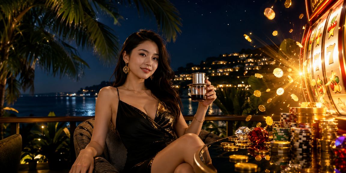 Người chơi slots trực tuyến tại Phú Quốc thư giãn bên bờ biển với điện thoại và cà phê
